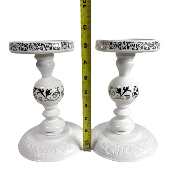 Disney Parks 8” Castle Mickey Icon Ears White/Silver Pillar Candle Holders Set 2 - Picture 6 of 6